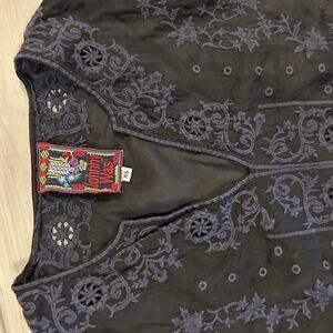 Johnny Was XS Black Embroidered Long Duster Kimono Boho Festival Cupra Rayon
